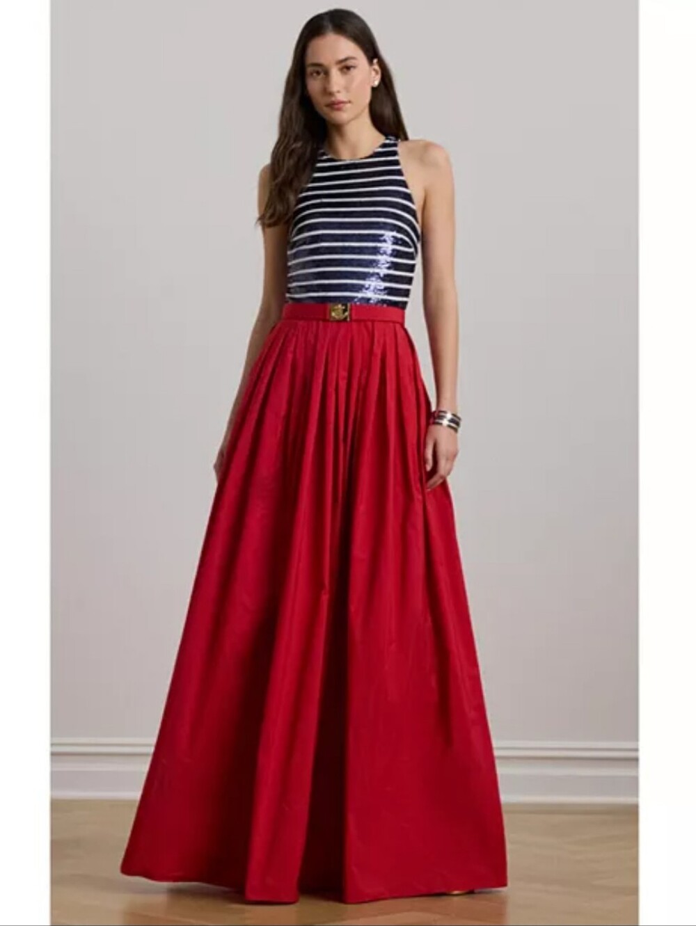 LAUREN  RALPH  LAUREN  BELTED  SEQUINED  TULLE  &  TAFFETA  GOWN.